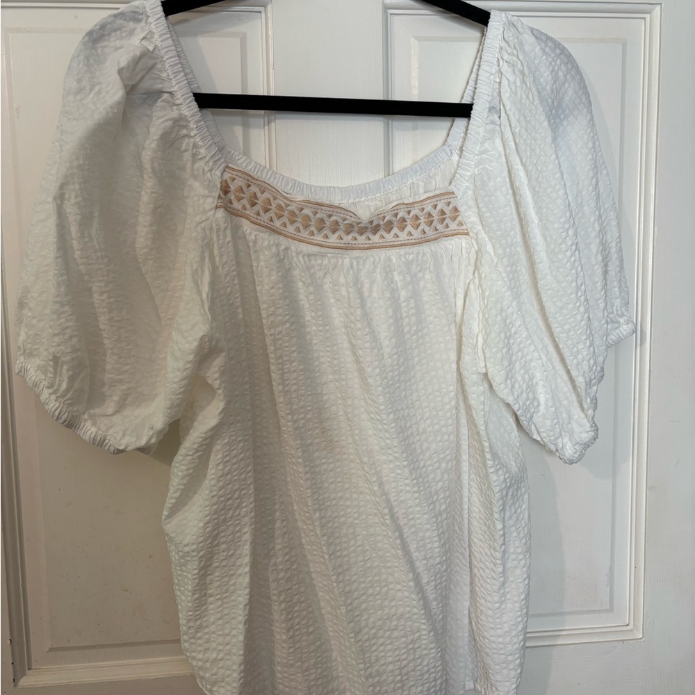 Maurices White Textured Puff Sleeve Blouse with Crochet Trim
